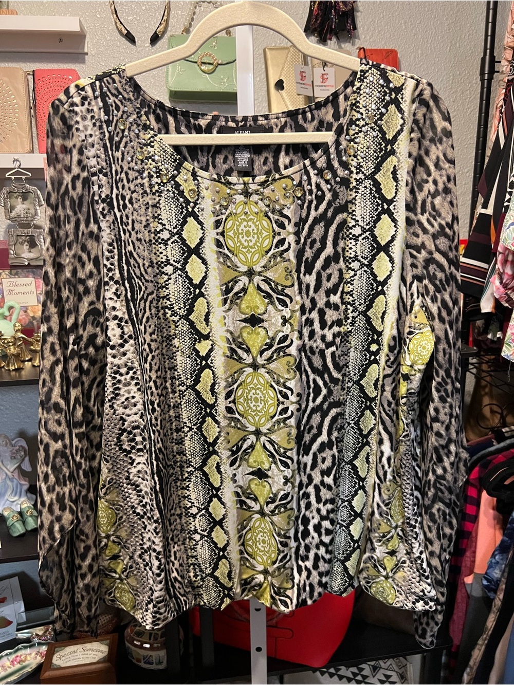 Alfani Yellow, Black and White Animal Print Long Sleeve Tunic
